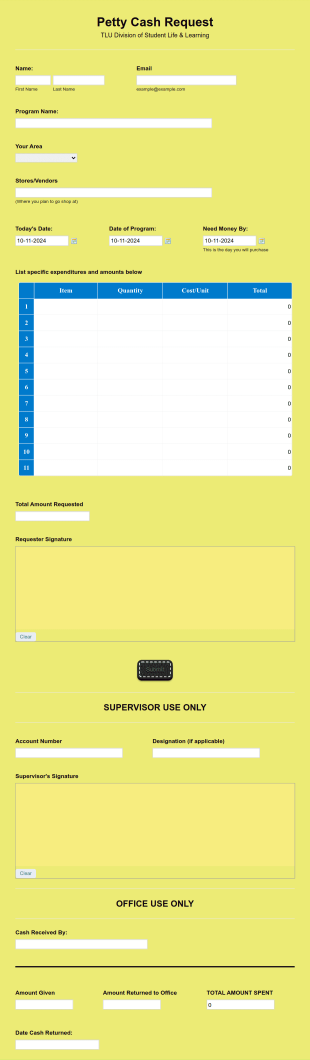 TLU Petty Cash Request Form Template