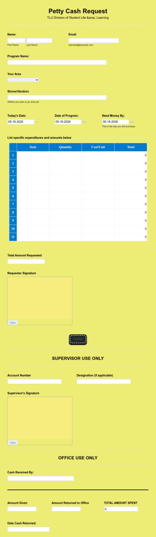 TLU Petty Cash Request Form Template