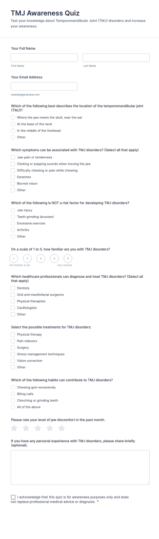 TMJ Awareness Quiz Form Template