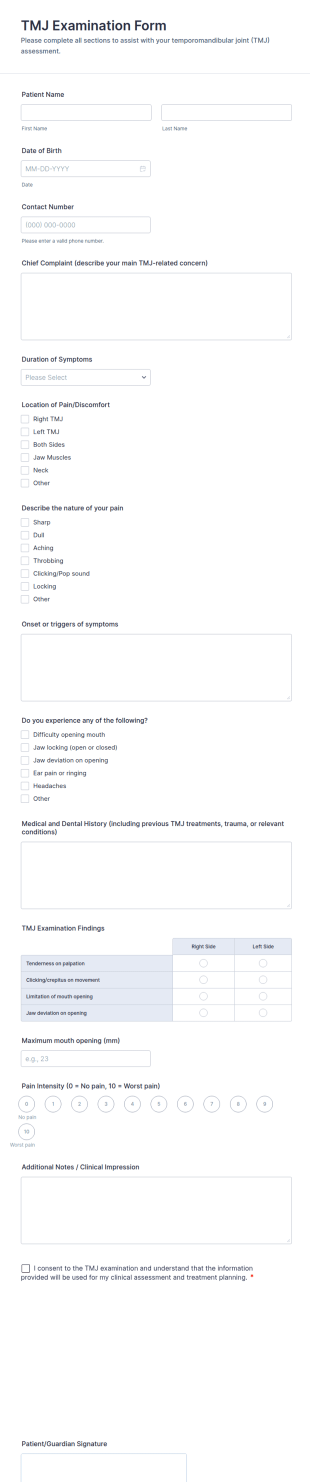 TMJ Examination Form Template