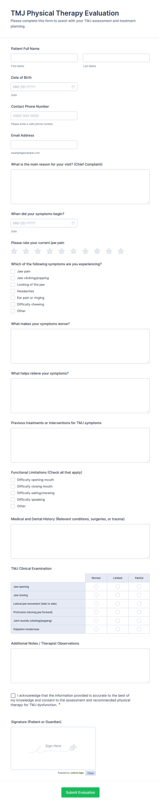 TMJ Physical Therapy Evaluation Form Template