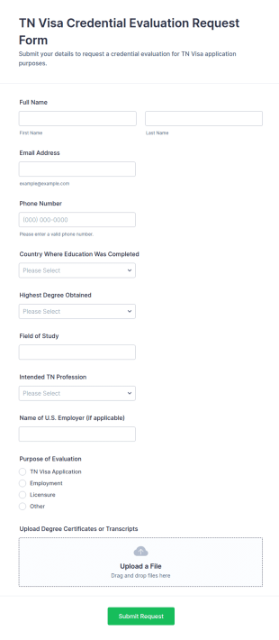 TN Visa Credential Evaluation Request Form Template