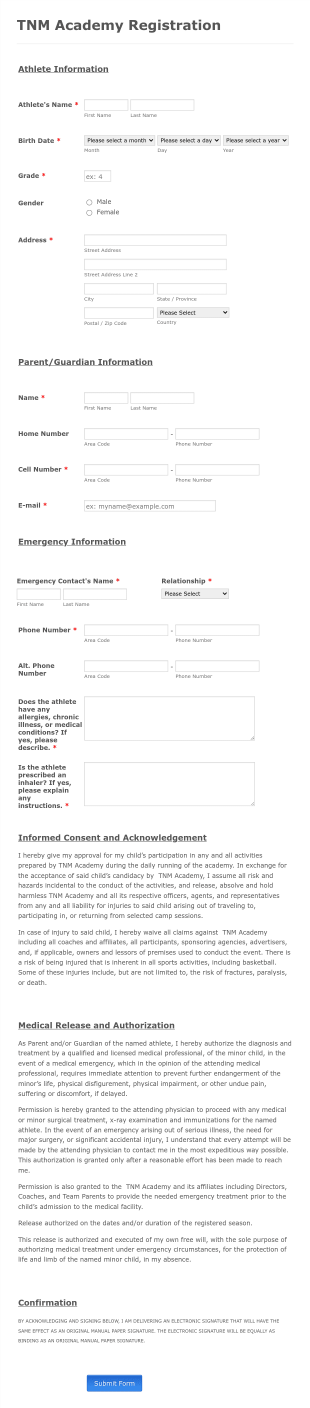 TNM Academy Registration Form Template