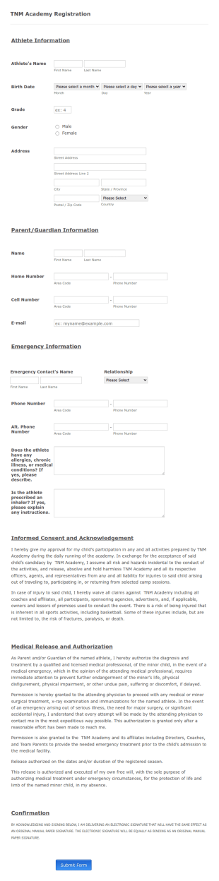 TNM Academy Registration Form Template