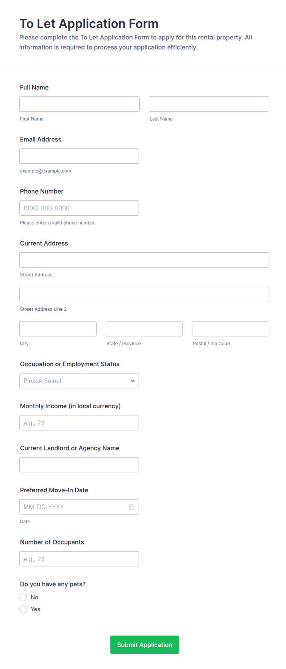 To Let Application Form Template | Jotform