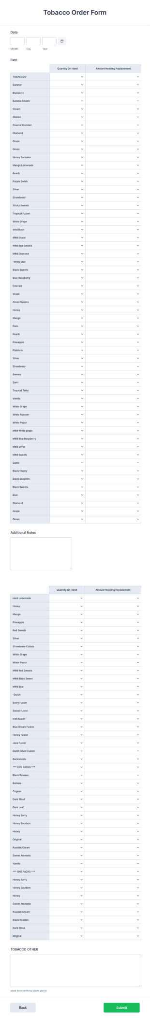 Tobacco Order Form Template