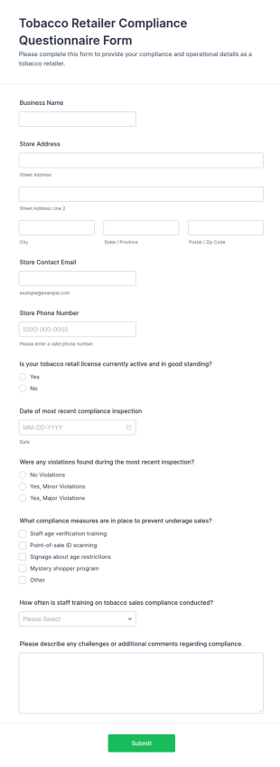 Tobacco Retailer Compliance Questionnaire Form Template