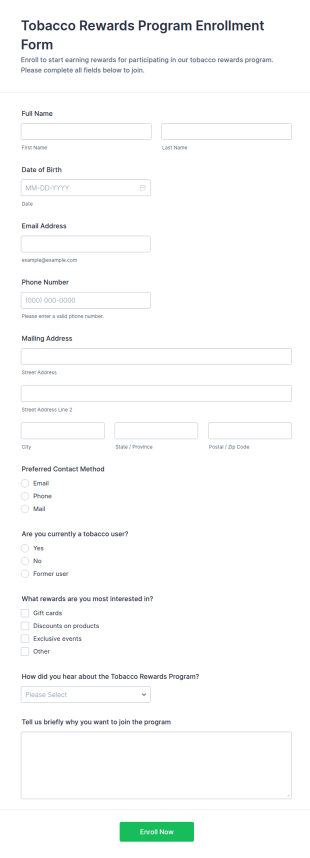 Tobacco Rewards Program Enrollment Form Template