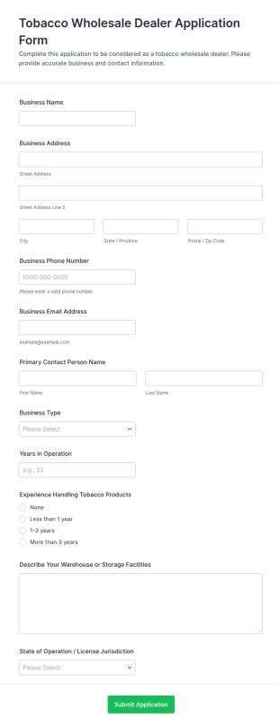 Tobacco Wholesale Dealer Application Form Template