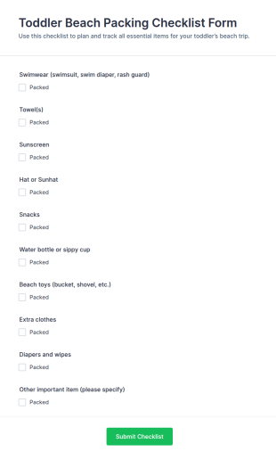 Toddler Beach Packing Checklist Form Template