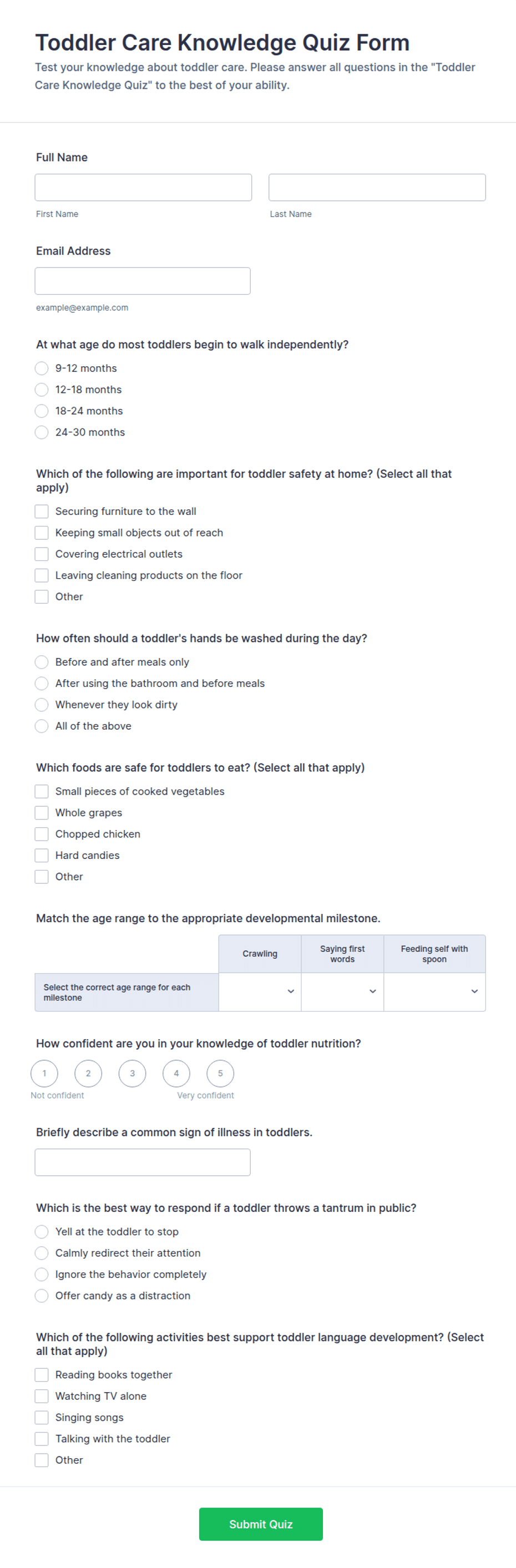 Toddler Care Knowledge Quiz Form Template | Jotform