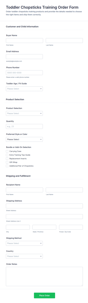 Toddler Chopsticks Training Order Form Template