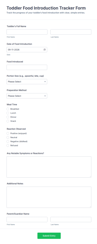 Toddler Food Introduction Tracker Form Template