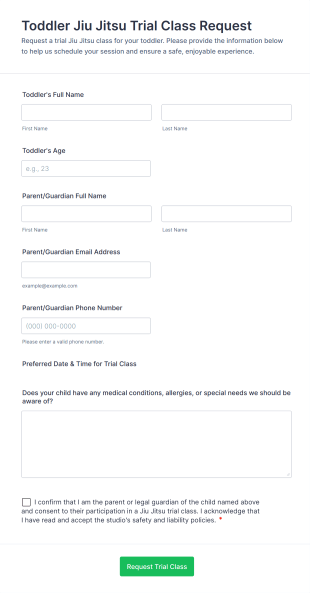Toddler Jiu Jitsu Trial Class Request Form Template