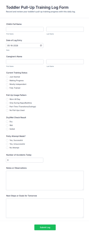 Toddler Pull Up Training Log Form Template