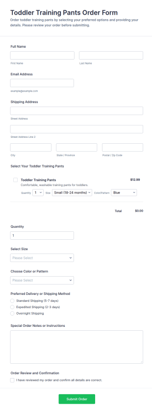 Toddler Training Pants Order Form Template