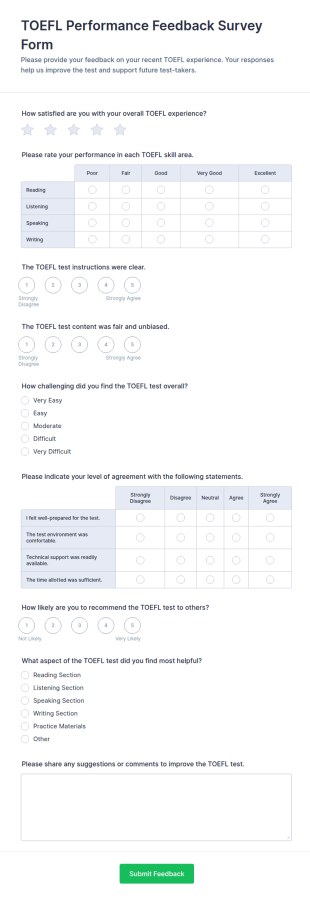 TOEFL Performance Feedback Survey Form Template