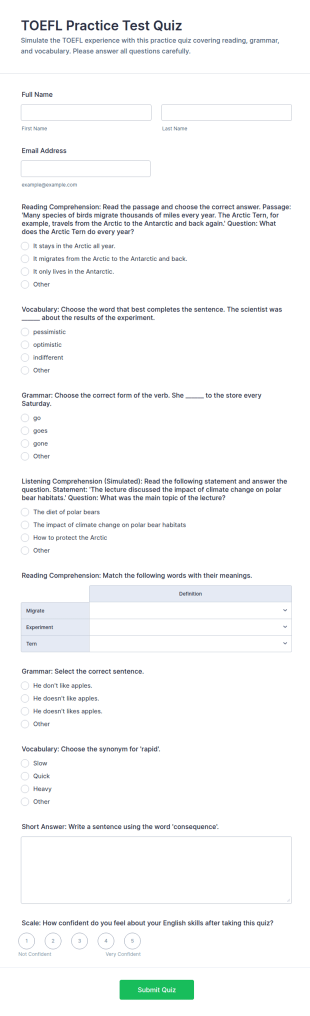 TOEFL Practice Test Quiz Form Template