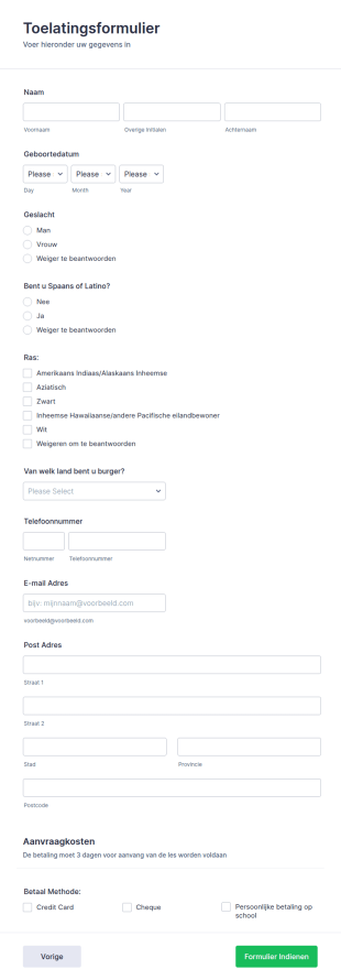 Toelatingsformulier Onderwijsinstellingen