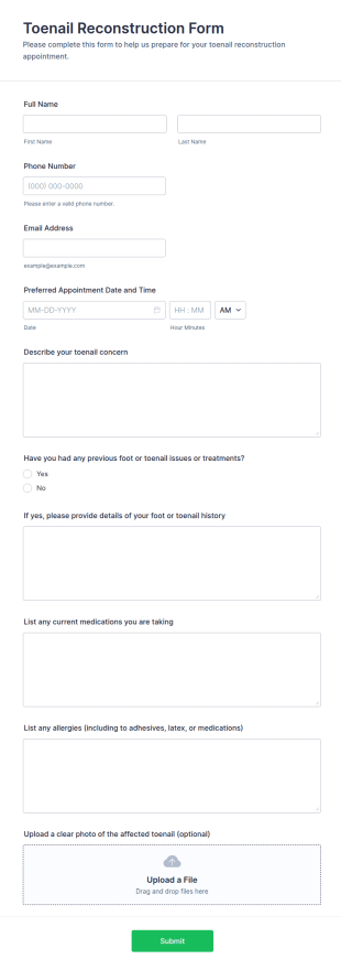 Toenail Reconstruction Intake Form Template
