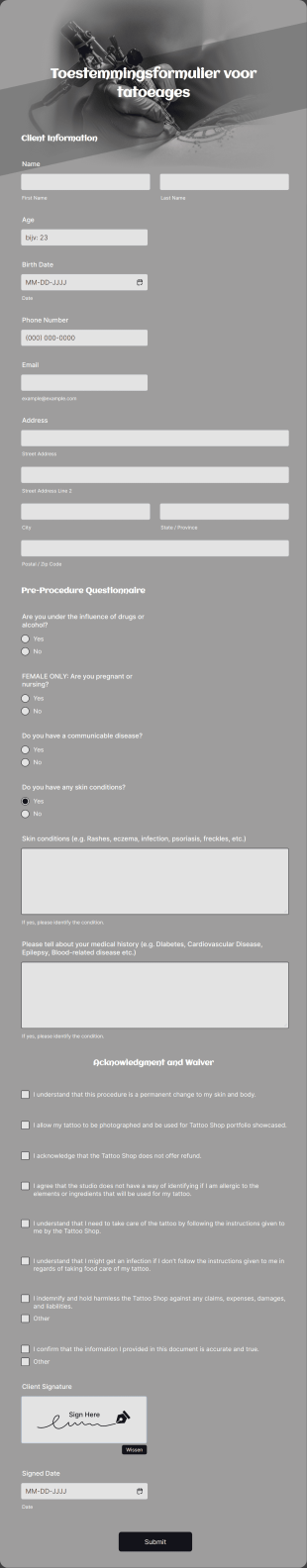 Toestemmingsformulier Voor Tatoeages Form Template