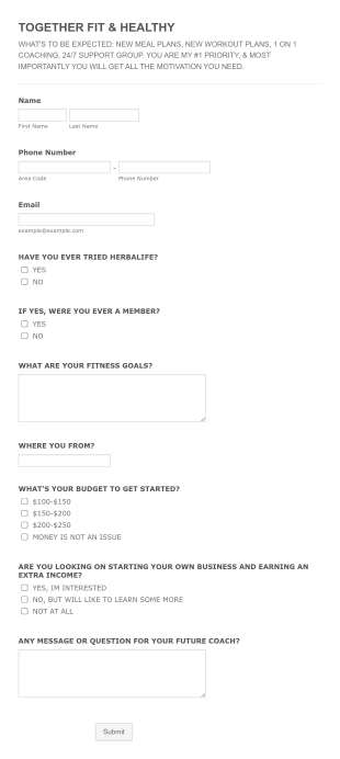 TOGETHER FIT & HEALTHY Form Template
