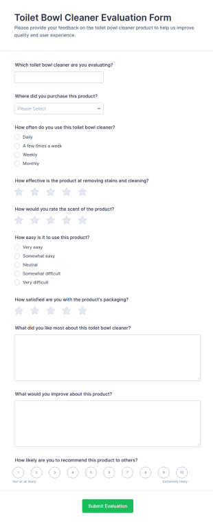 Toilet Bowl Cleaner Evaluation Form Template