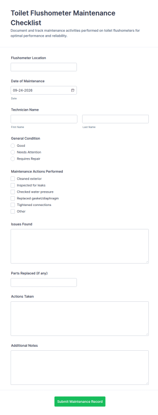 Toilet Flushometer Maintenance Checklist Form Template