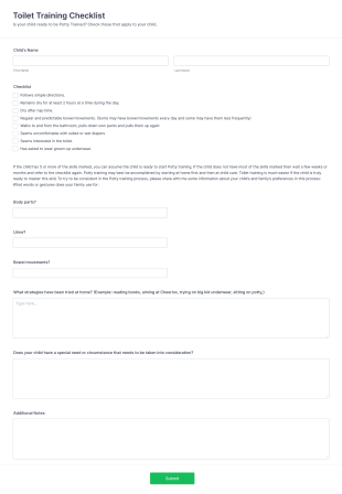 Toilet Training Checklist Form Template