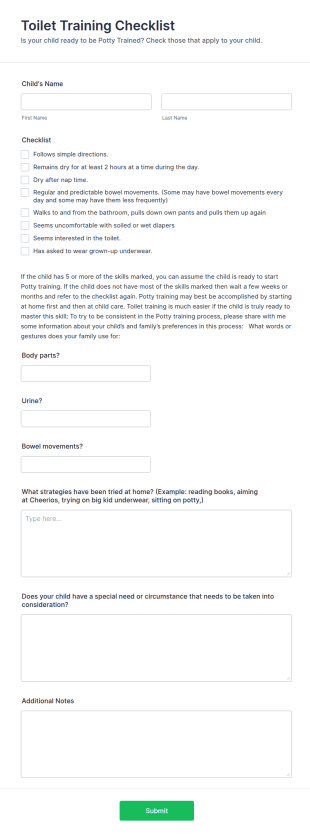 Toilet Training Checklist Form Template