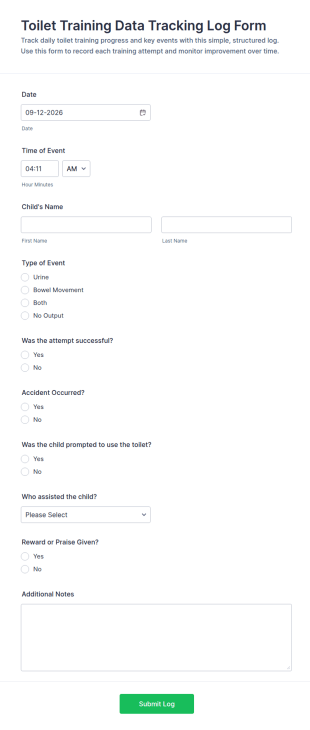 Toilet Training Data Tracking Log Form Template