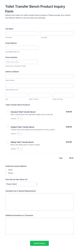 Toilet Transfer Bench Product Inquiry Form Template