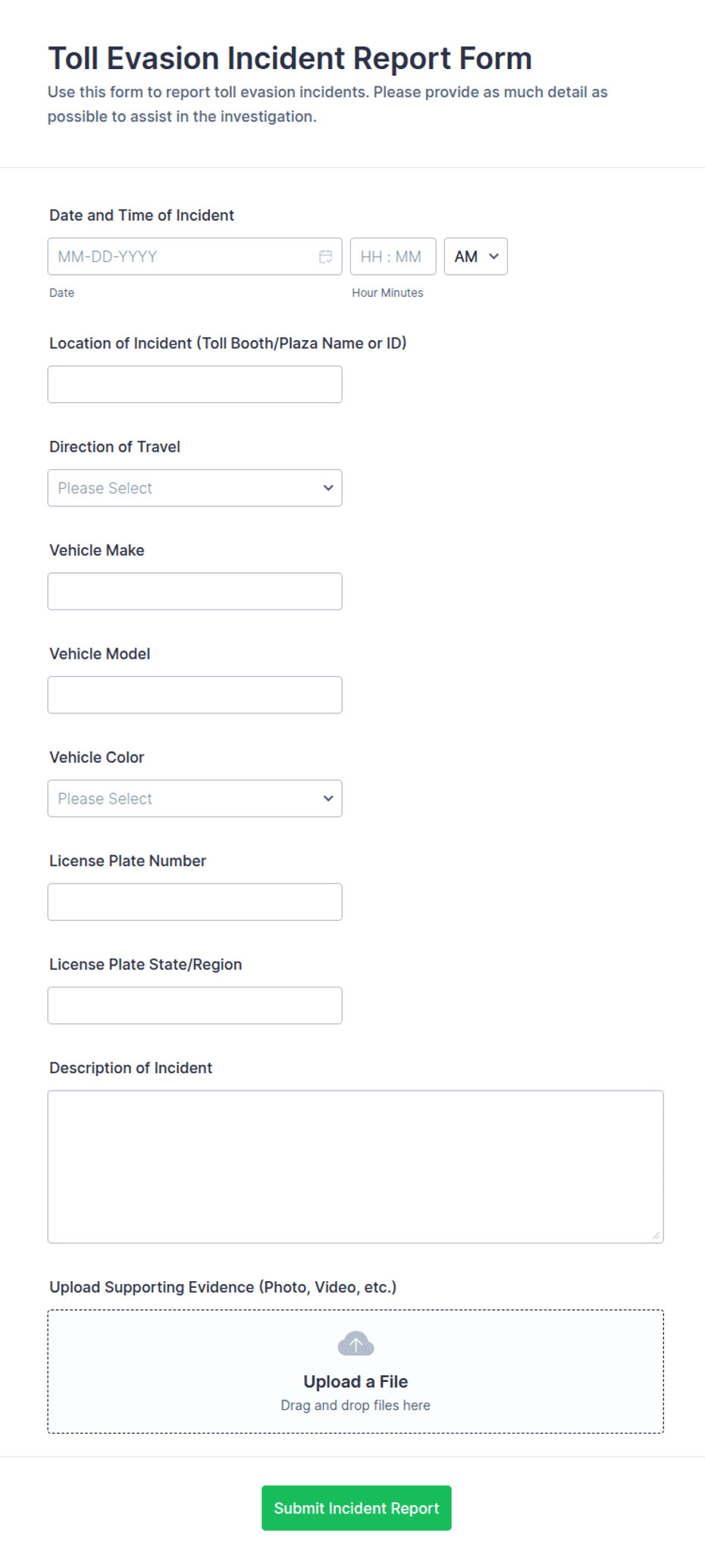 Toll Evasion Incident Report Form Template | Jotform