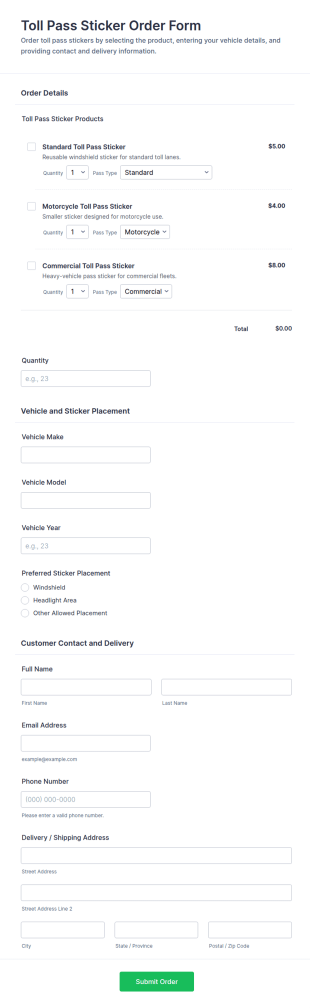 Toll Pass Sticker Order Form Template