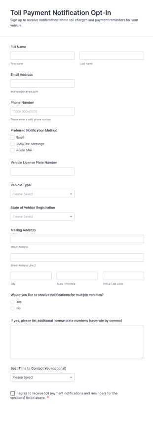 Toll Payment Notification Opt In Form Template