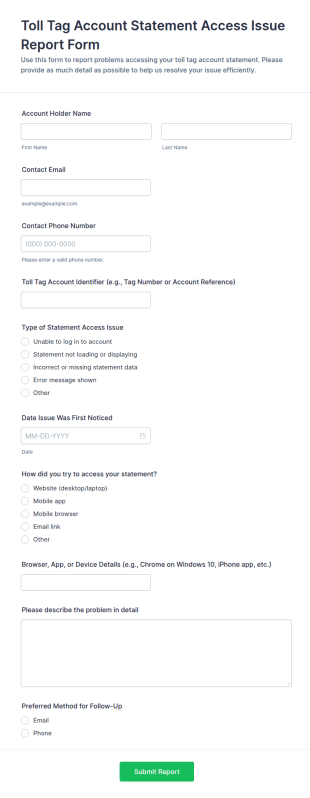 Toll Tag Account Statement Access Issue Report Form Template