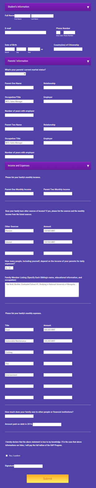 Financial Assistance Application Form Template