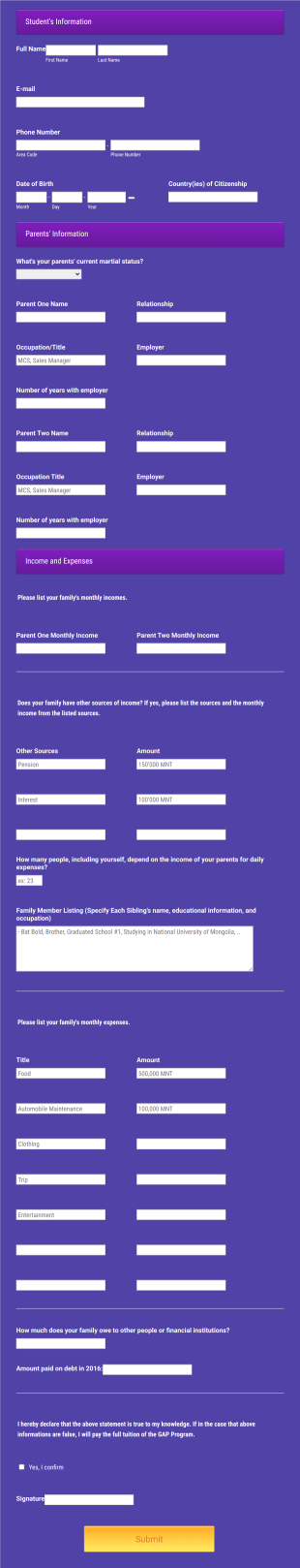 Financial Assistance Application Form Template