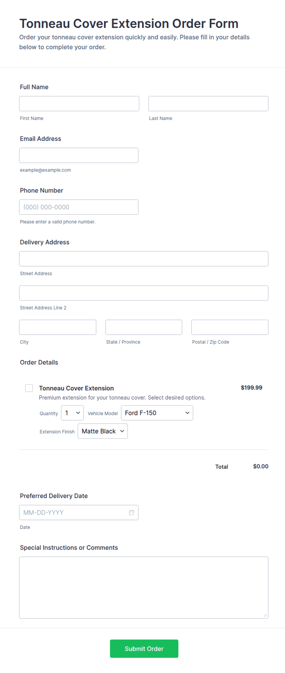 Tonneau Cover Extension Order Form Template | Jotform