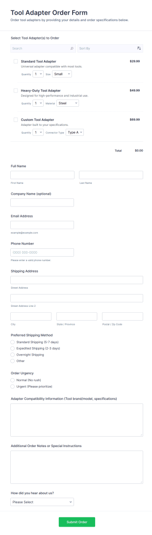 Tool Adapter Order Form Template