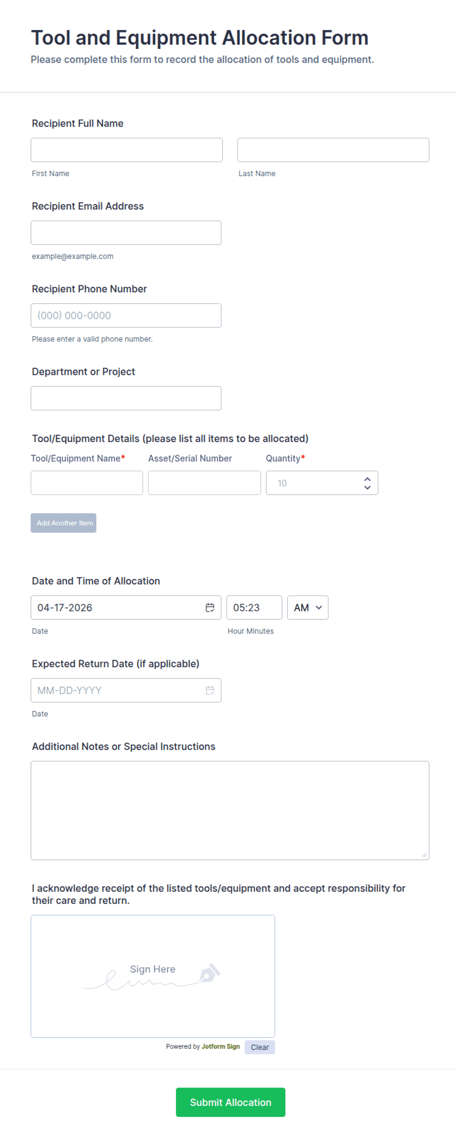 Tool and Equipment Allocation Form Template | Jotform