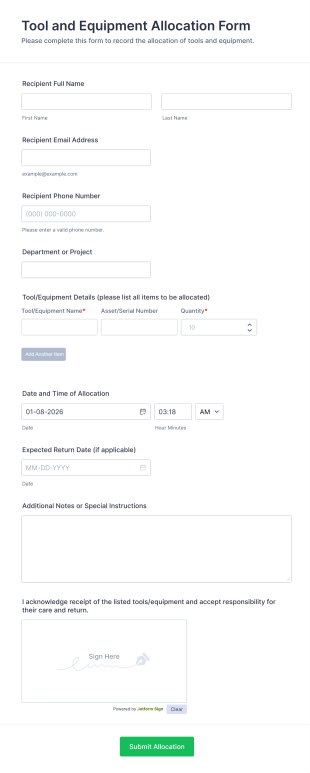 Tool And Equipment Allocation Form Template