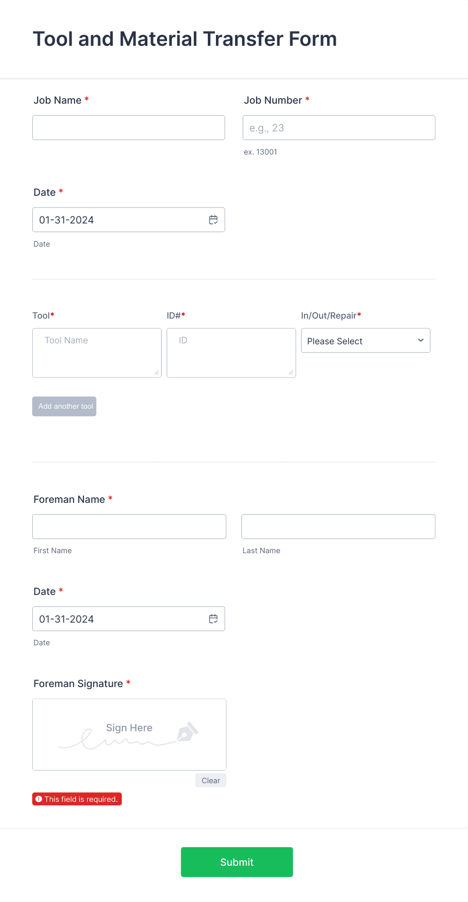 Tool and Material Transfer Form Template | Jotform
