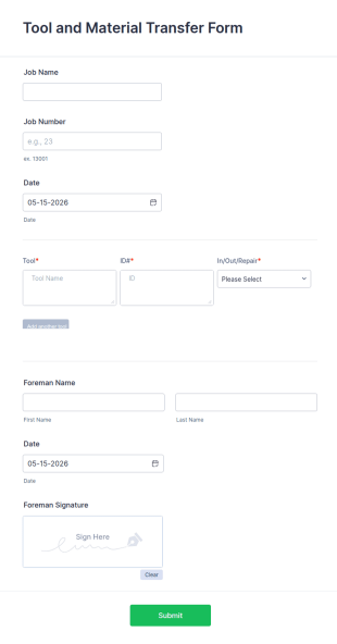 Tool And Material Transfer Form Template