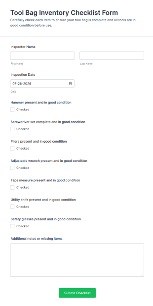 Tool Bag Inventory Checklist Form Template