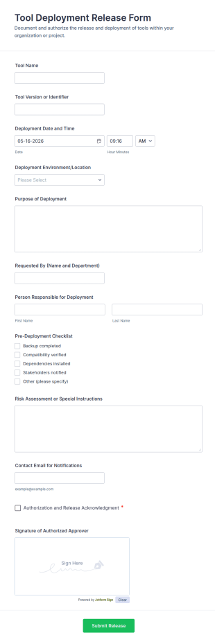 Tool Deployment Release Form Template