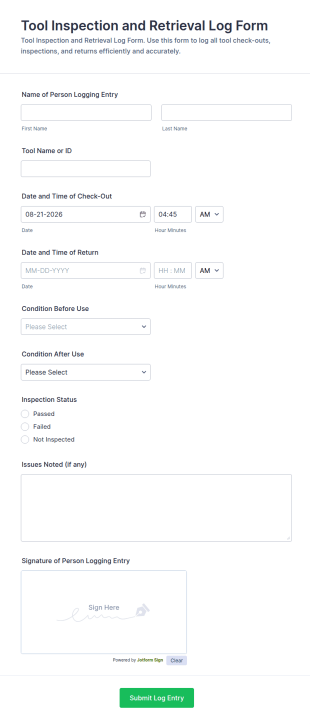 Tool Inspection And Retrieval Log Form Template
