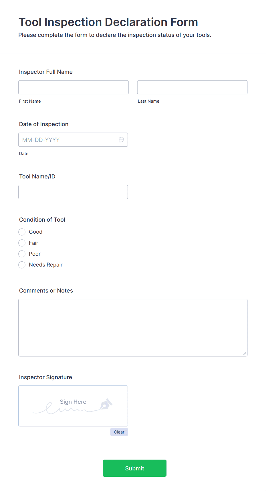 Tool Inspection Declaration Form Template | Jotform