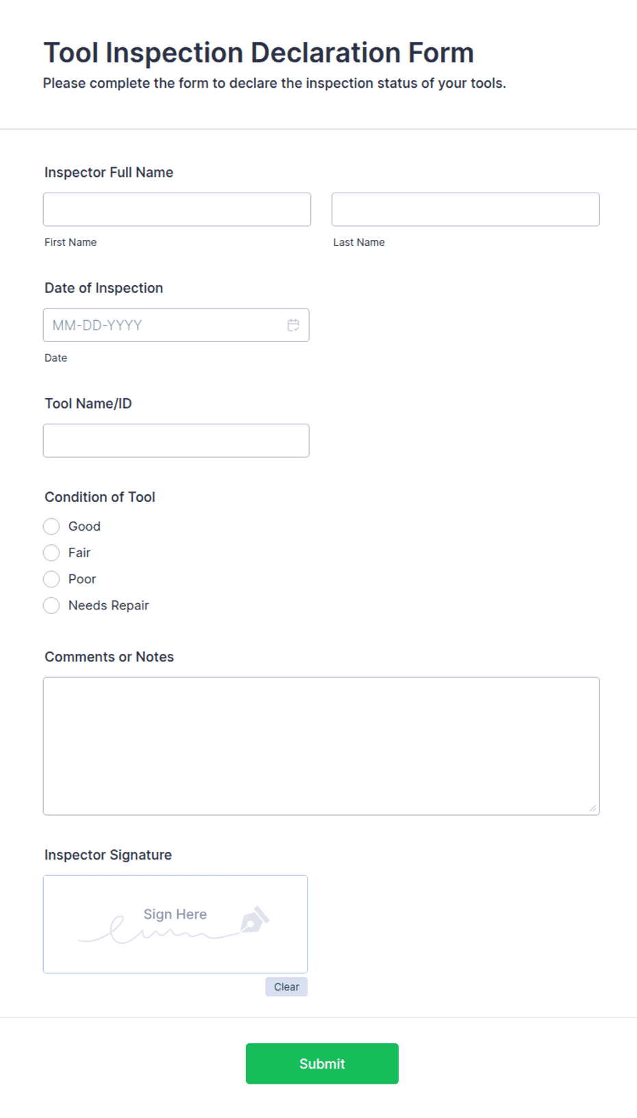 Machine Tool Routing Verification Form Tool Inspection Declaration Form Template | Jotform