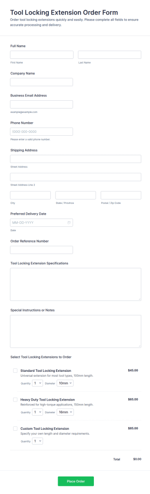 Tool Locking Extension Order Form Template